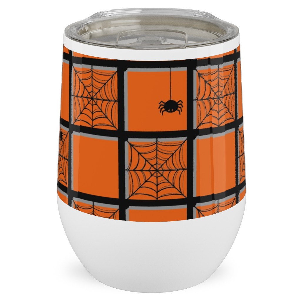 Orange Plaid Spider Webs Stainless Steel Travel Tumbler, 12oz, Orange