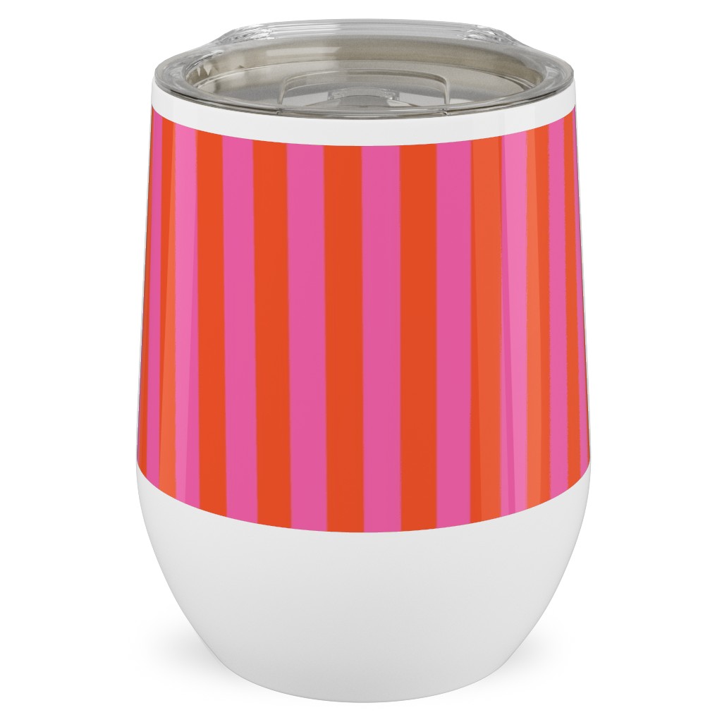 Piccadilly Pinstripes in Mod - Orange and Pink Stainless Steel Travel Tumbler, 12oz, Pink, Bright Pink