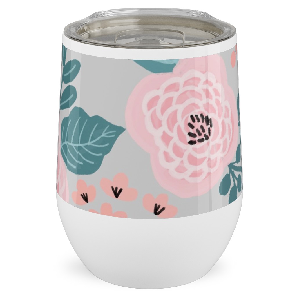 June Botanicals - Gray Stainless Steel Travel Tumbler, 12oz, Pink, Bright Pink