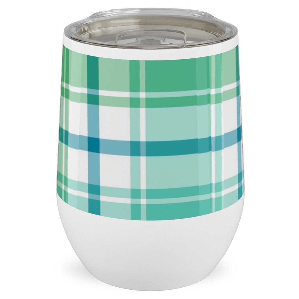 Blue, Green, Turquoise, and White Plaid Stainless Steel Travel Tumbler, 12oz, Green, Classic Green