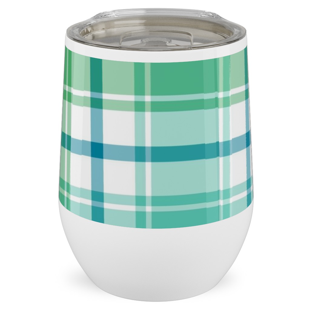 Blue, Green, Turquoise, and White Plaid Stainless Steel Travel Tumbler, 12oz, Green