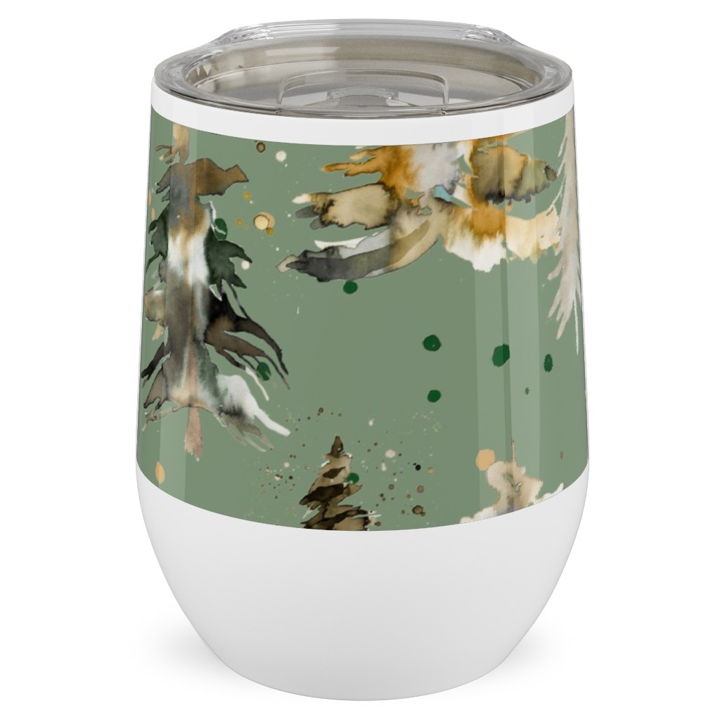 Watercolor Pines and Spruces Christmas - Green Stainless Steel Travel Tumbler, 12oz, Green