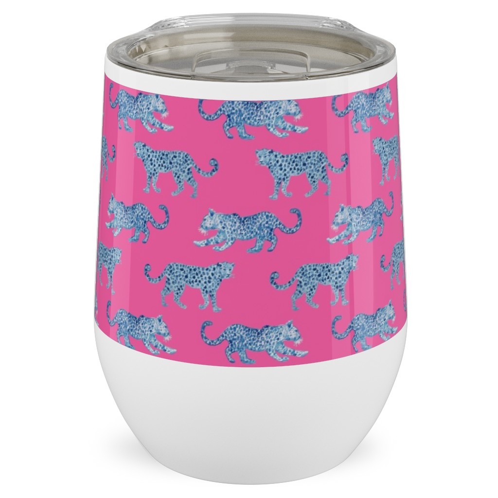 Tiny Leopard Parade - Blue on Hot Pink Stainless Steel Travel Tumbler, 12oz, Pink