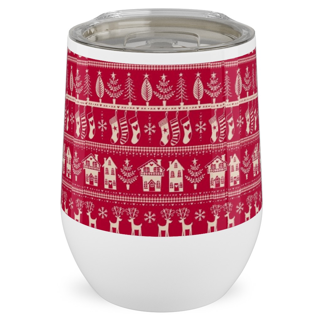 Nordic Vintage Christmas Stainless Steel Travel Tumbler, 12oz, Red