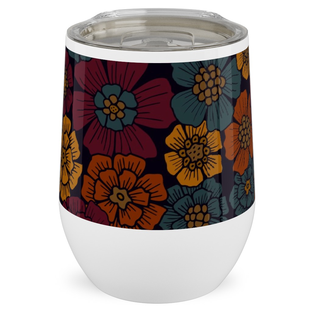 Burgundy, Rust, Mustard & Teal Floral Stainless Steel Travel Tumbler, 12oz, Red