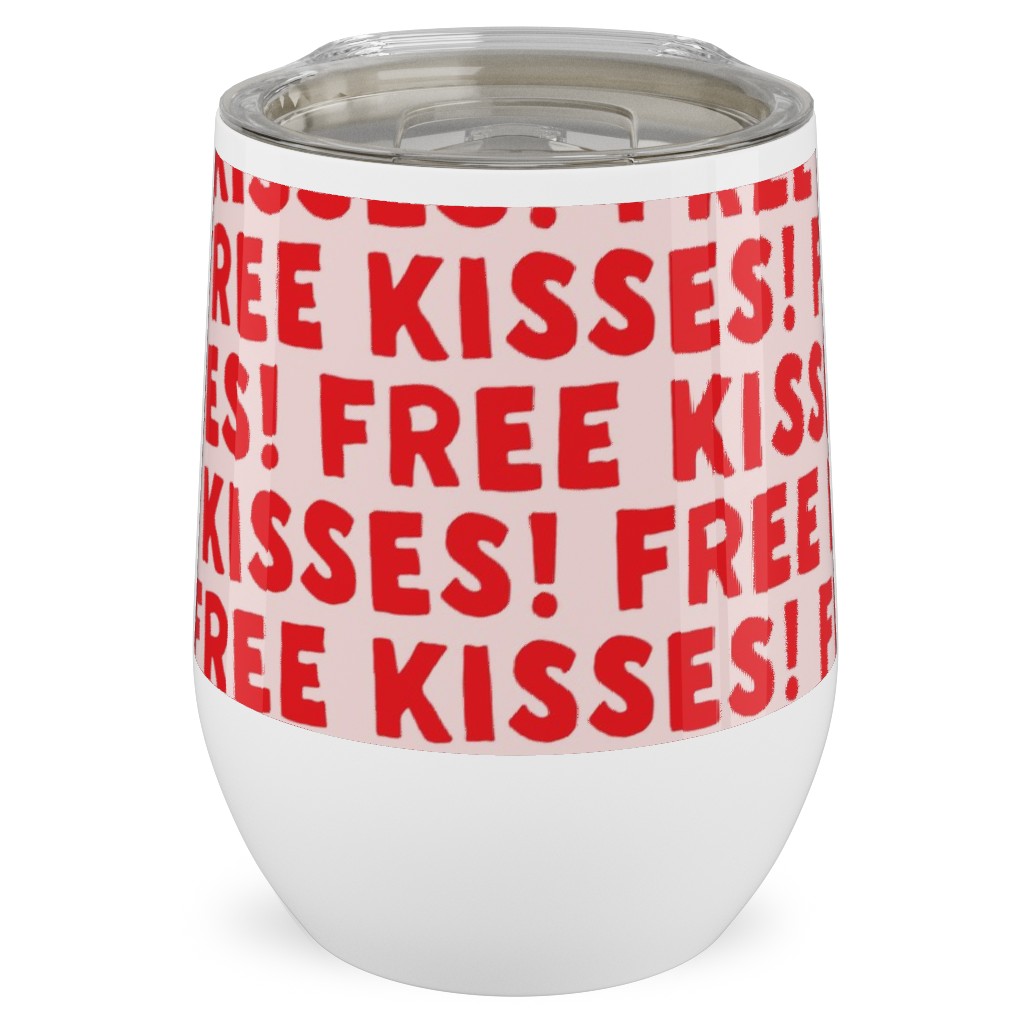 Free Kisses! - Red on Pink Stainless Steel Travel Tumbler, 12oz, Red