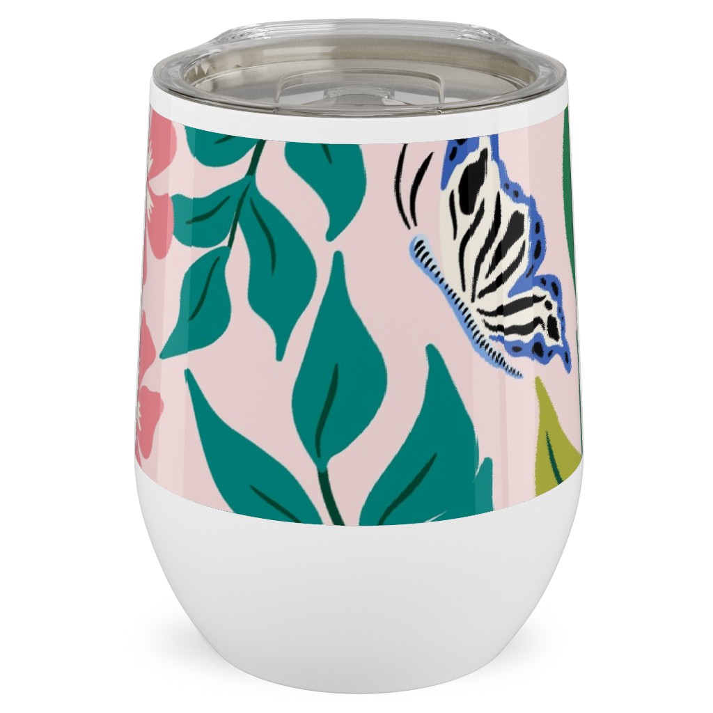 Budgies and Butterflies - Pink and Green Stainless Steel Travel Tumbler, 12oz, Pink