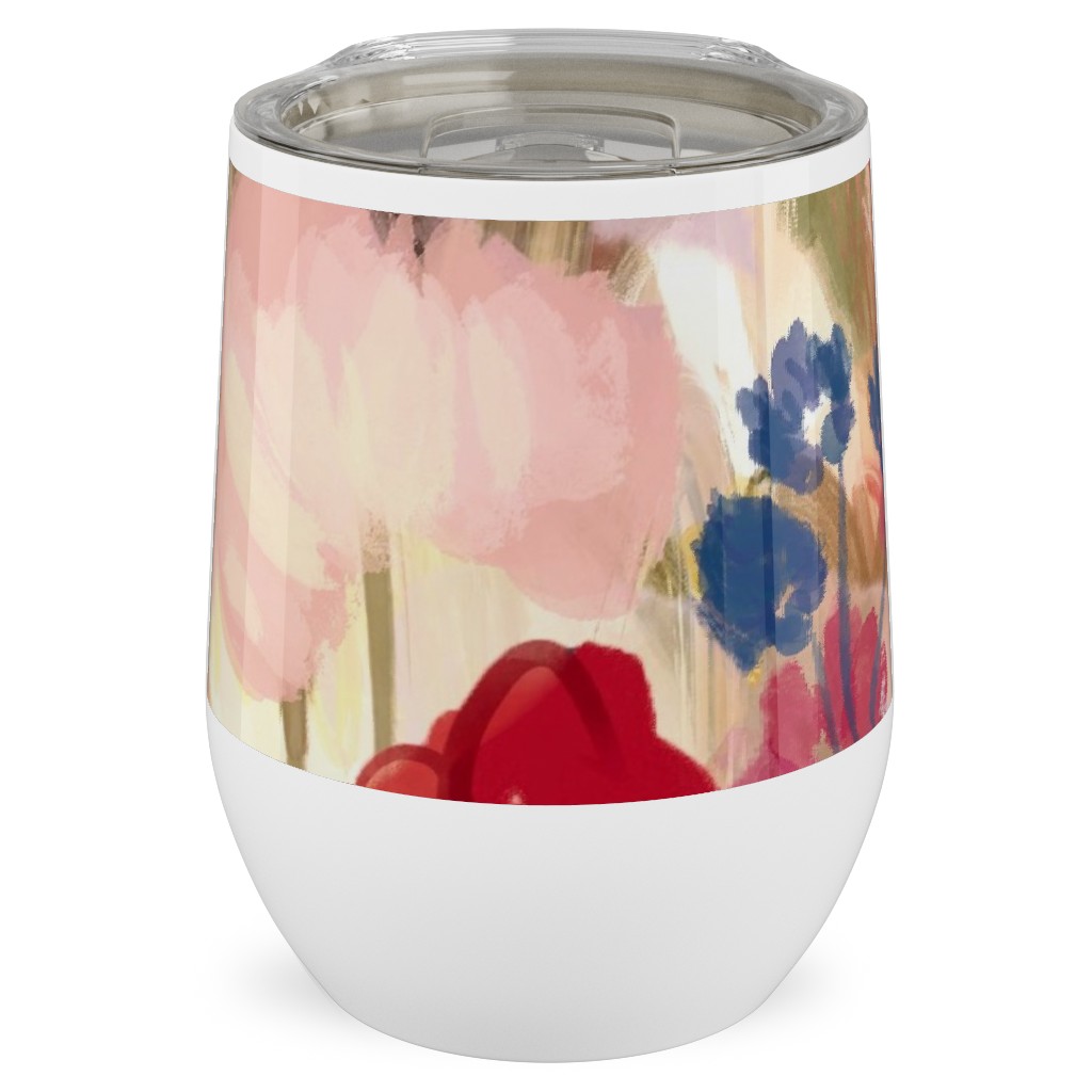 Painterly Abstract Floral Stainless Steel Travel Tumbler, 12oz, Pink, Bright Pink