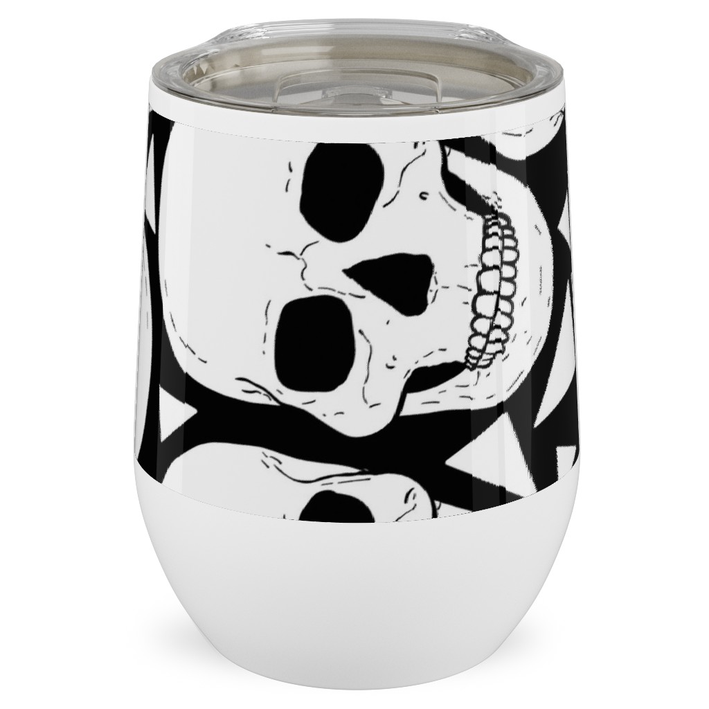 Skulls With Triangles - Black and White Stainless Steel Travel Tumbler, 12oz, White, White