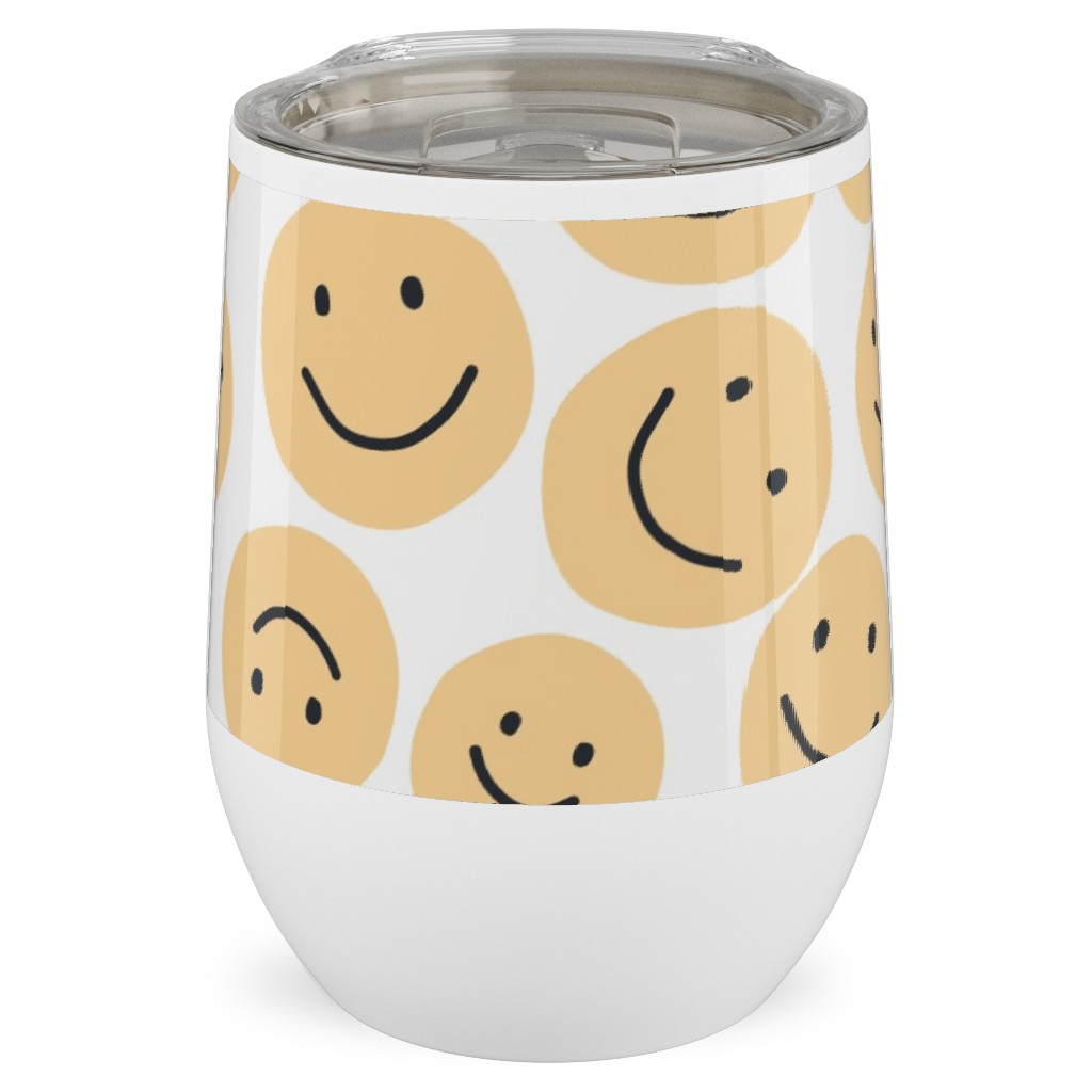 Happy Smiley Faces - Yellow Stainless Steel Travel Tumbler, 12oz, Yellow, Classic Yellow