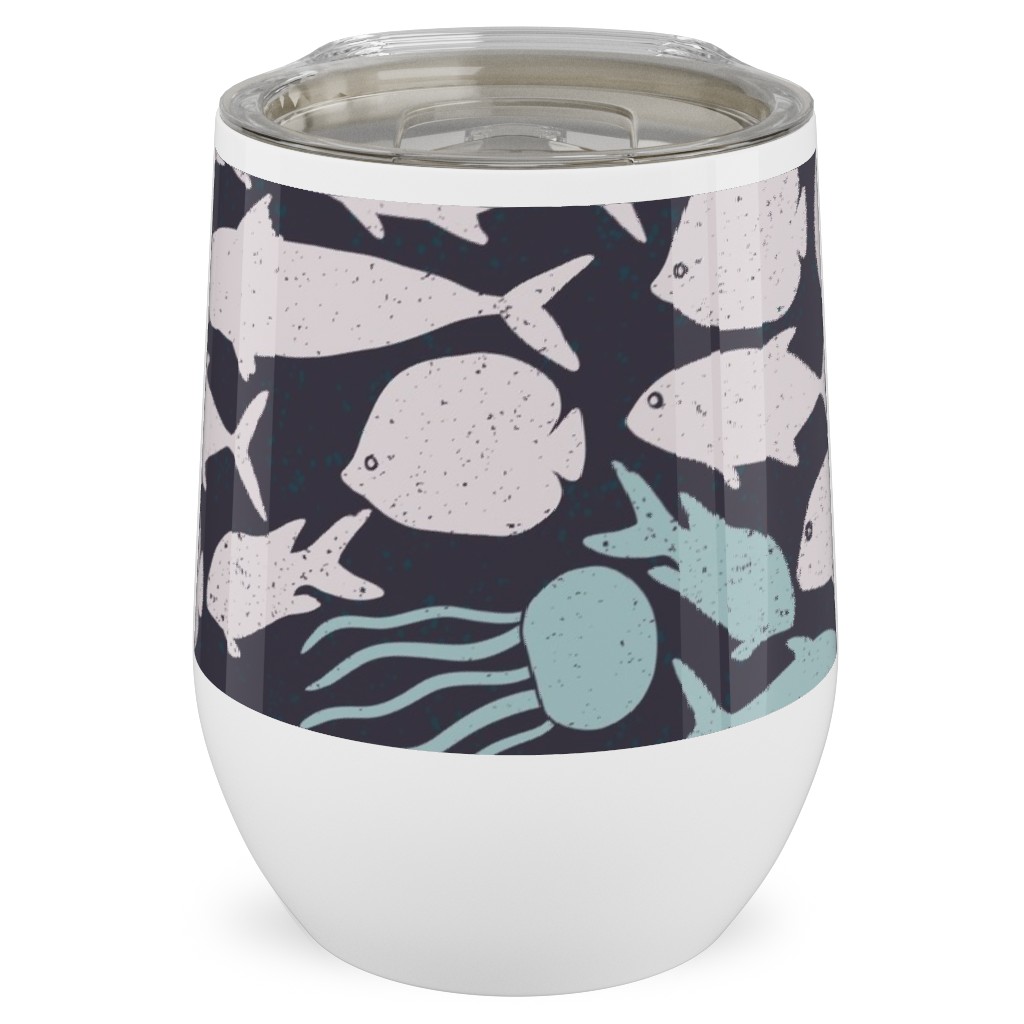 Fish School in Gray Aqua Dark Background Stainless Steel Travel Tumbler, 12oz, Blue, True Blue