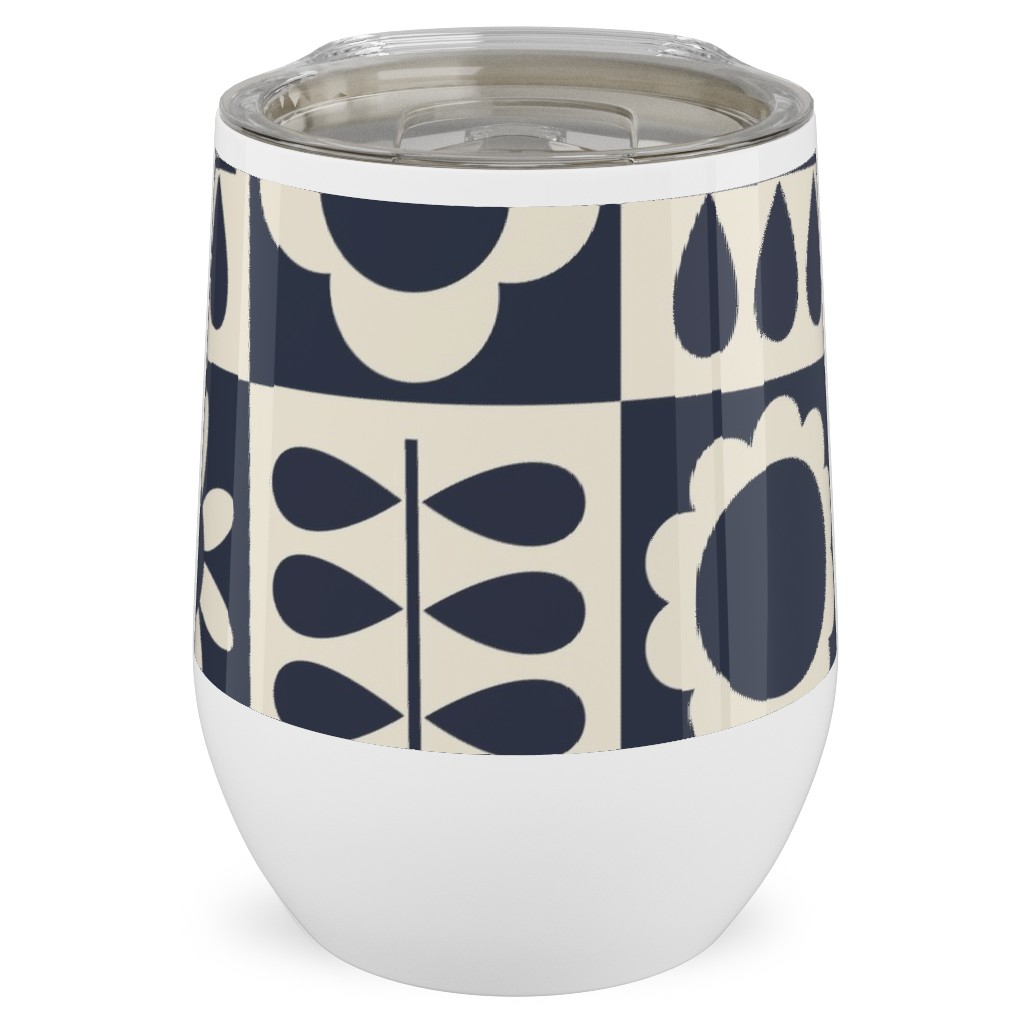 Scandinavian Checker Blooms - Off White and Navy Stainless Steel Travel Tumbler, 12oz, Black, Black