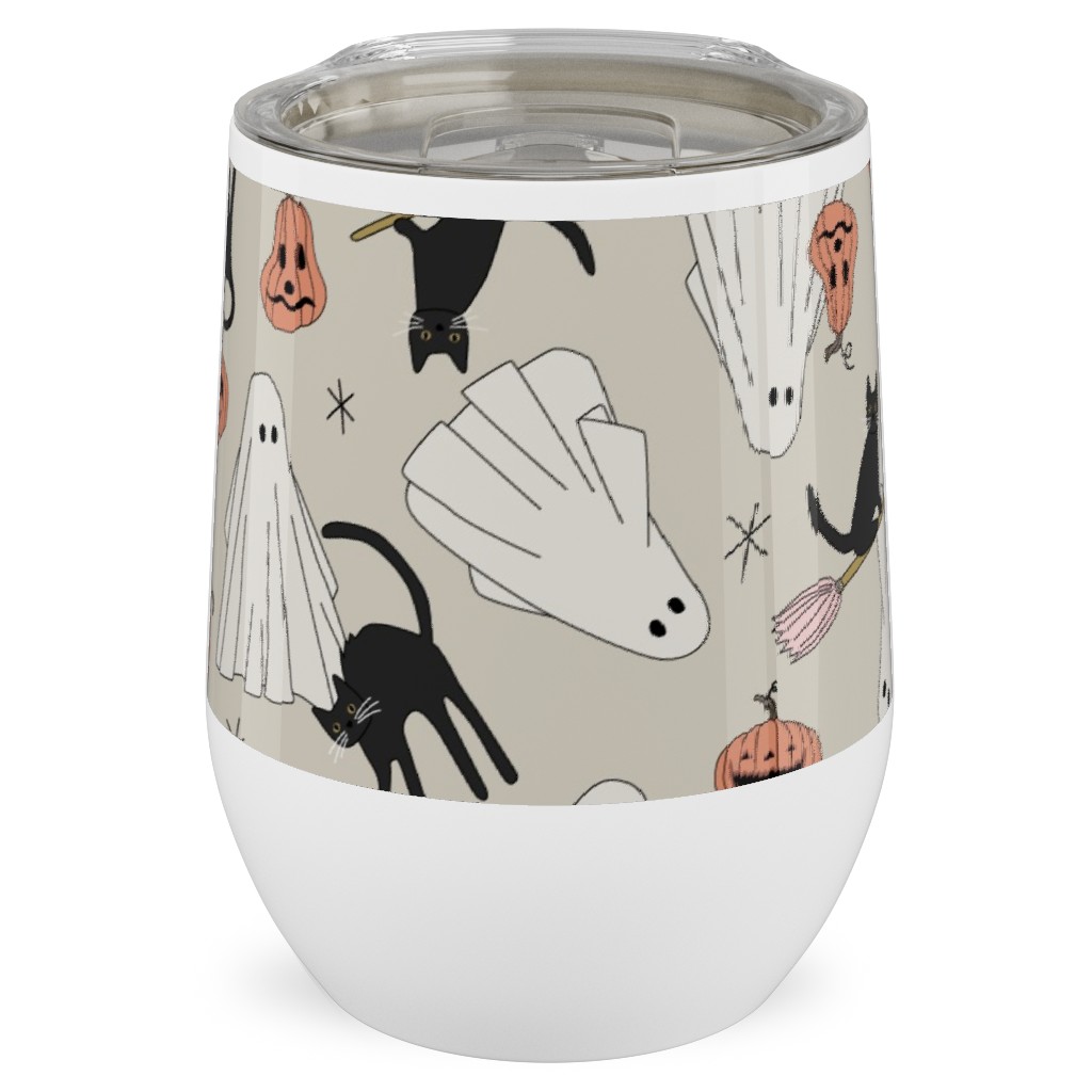 Spooky Halloween Stainless Steel Travel Tumbler, 12oz, Beige, Pearl