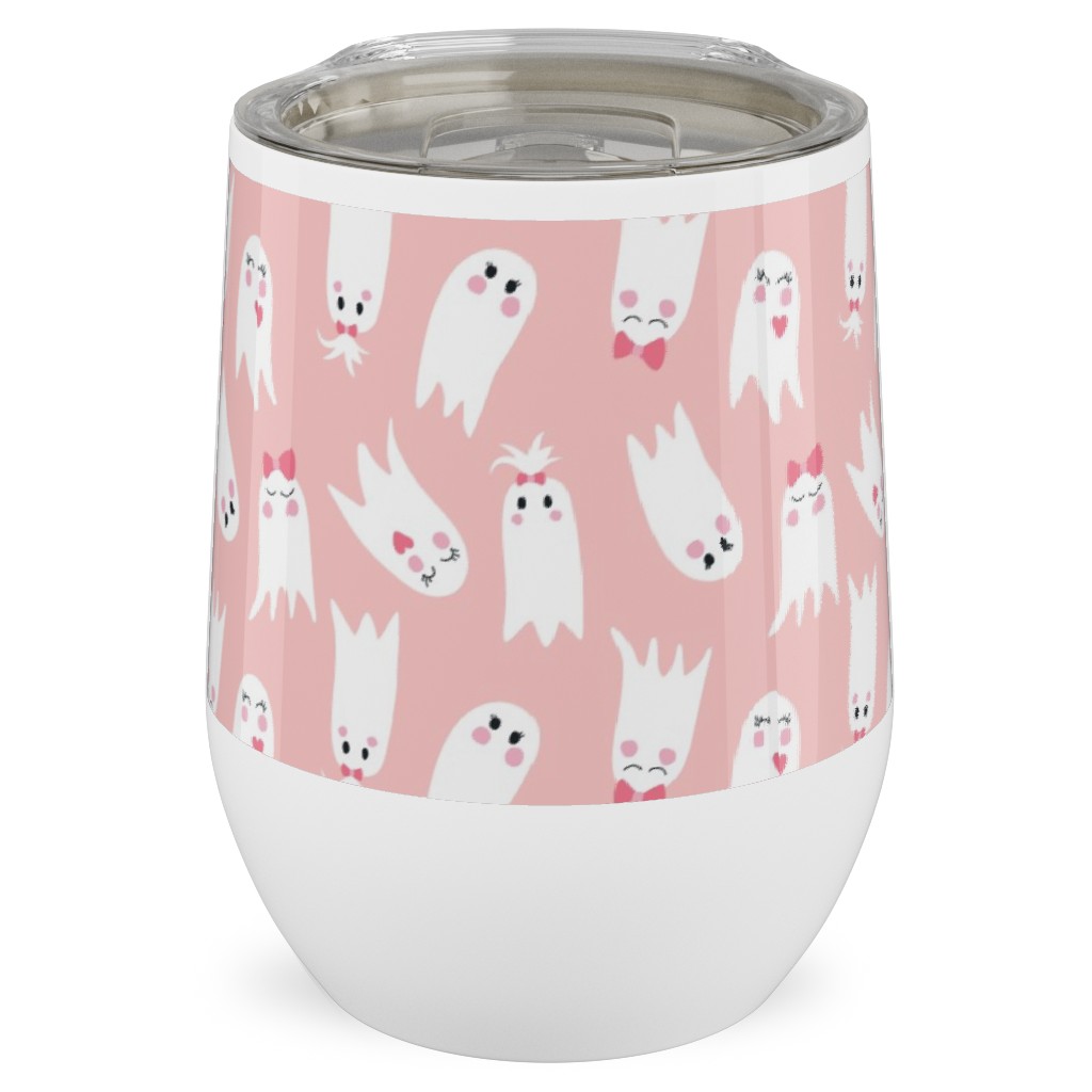 Sweet White Ghosts on Pink Stainless Steel Travel Tumbler, 12oz, Pink, Bright Pink