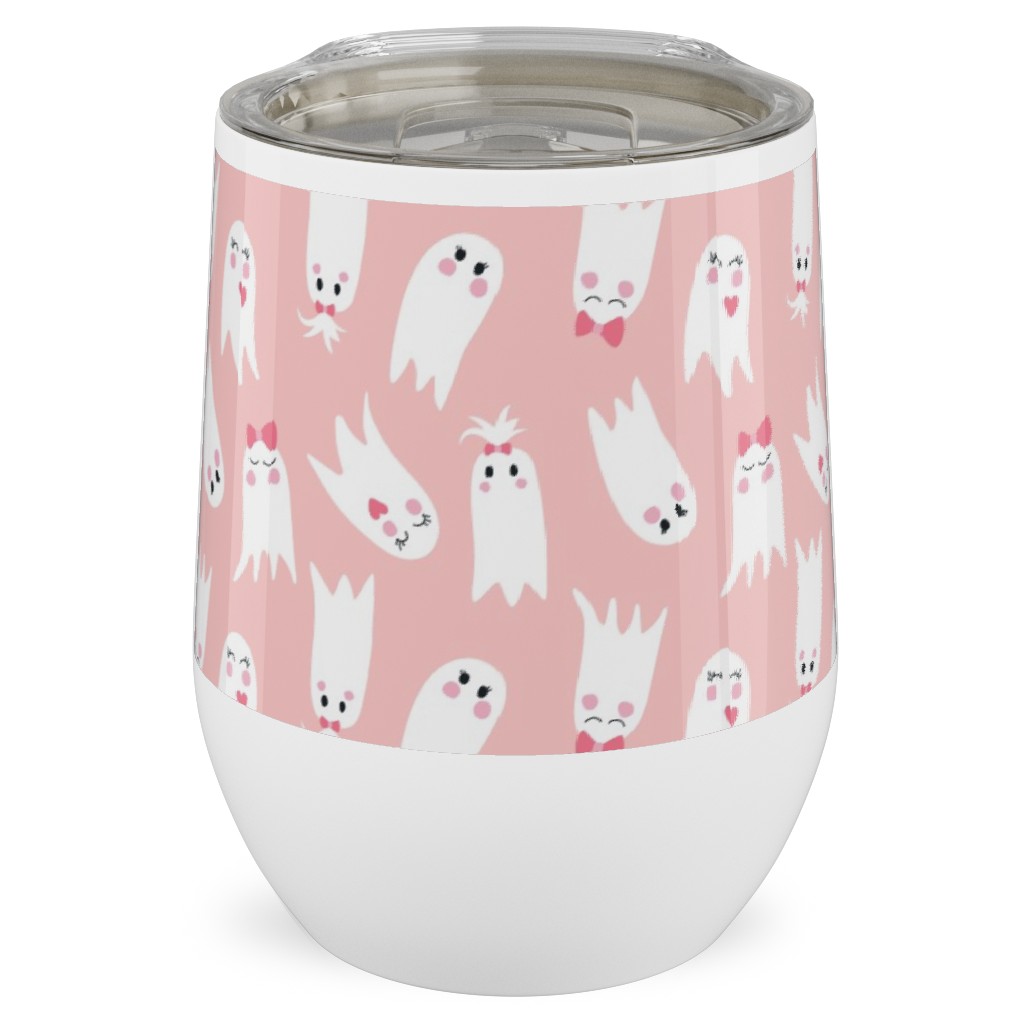 Sweet White Ghosts on Pink Stainless Steel Travel Tumbler, 12oz, Pink