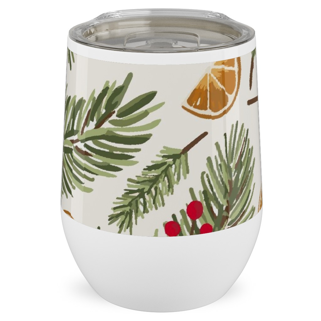 Festive Christmas Pine Sprigs and Orange Slices Stainless Steel Travel Tumbler, 12oz, Multicolor