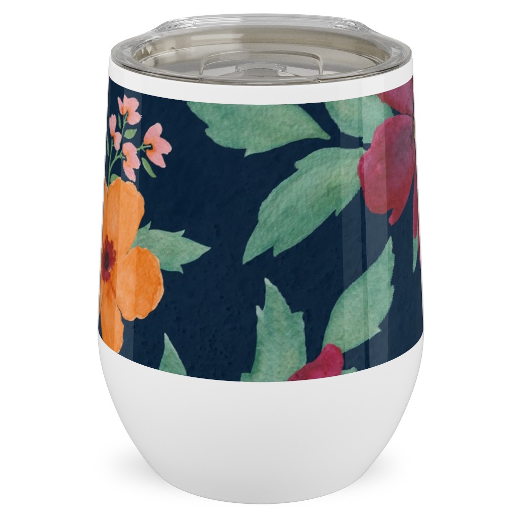 Watercolor Autumn Florals - Navy Stainless Steel Travel Tumbler, 12oz, Multicolor