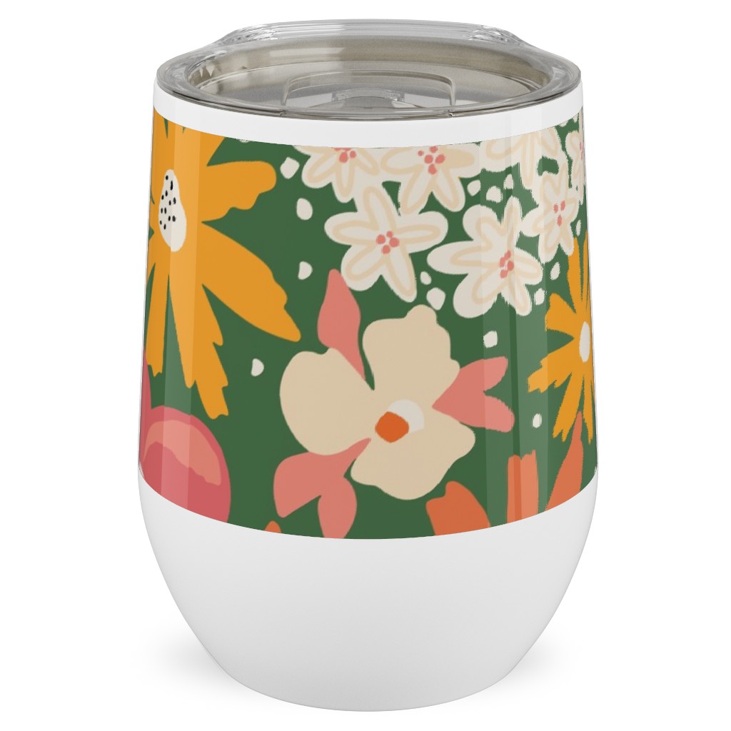 Summer Florals - Green Pink White and Orange Stainless Steel Travel Tumbler, 12oz, Multicolor
