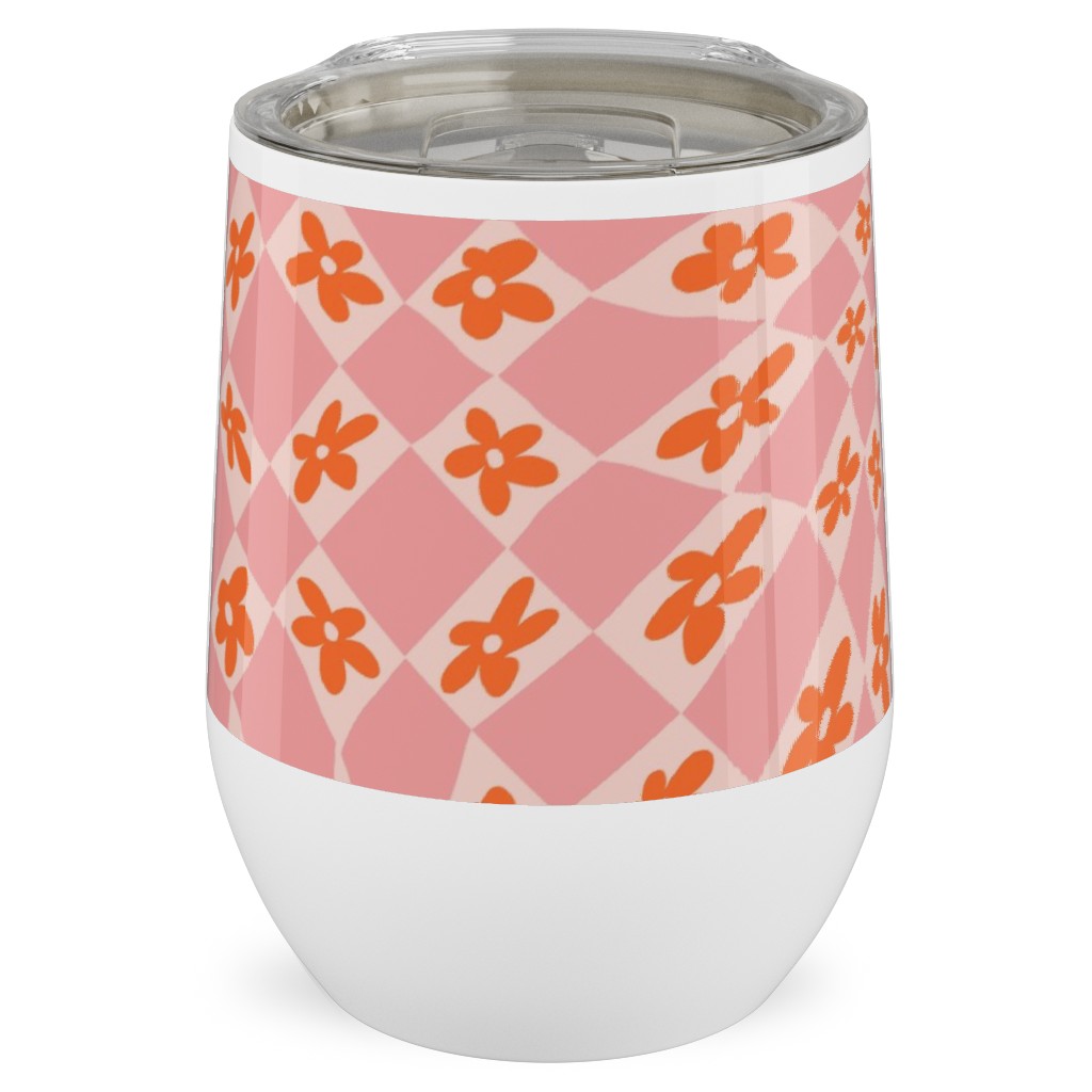 Trippy Checker - Floral - Pink and Orange Stainless Steel Travel Tumbler, 12oz, Pink