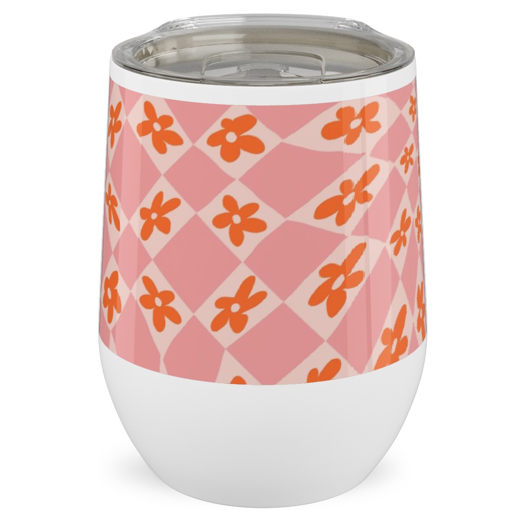 Trippy Checker - Floral - Pink and Orange Stainless Steel Travel Tumbler, 12oz, Pink, Bright Pink
