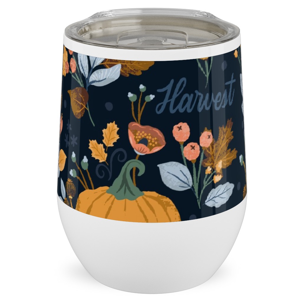 Smaller Scale Elegant Navy Fall Floral - Harvest Gratitude + Cozy Petal Solids Stainless Steel Travel Tumbler, 12oz, Orange