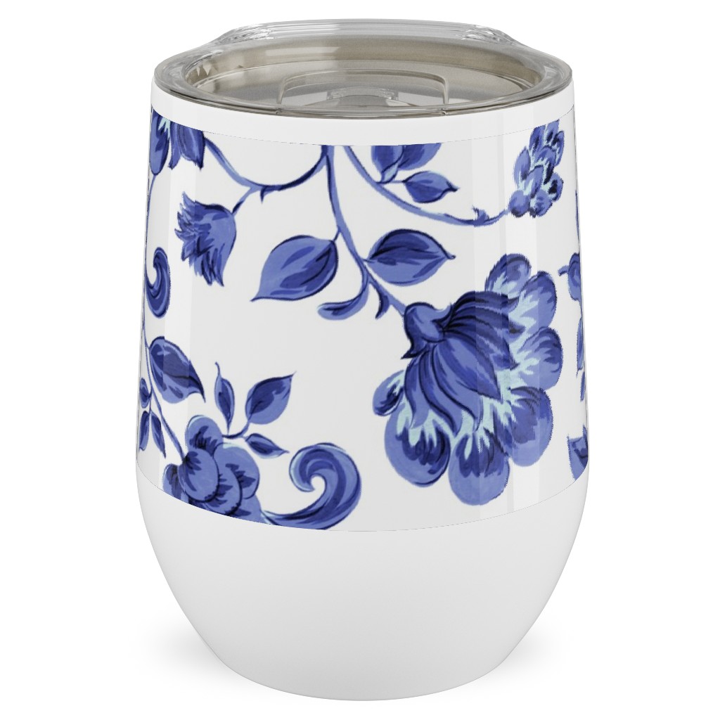 Fleurs De Provence - Blue and White Stainless Steel Travel Tumbler, 12oz, Blue