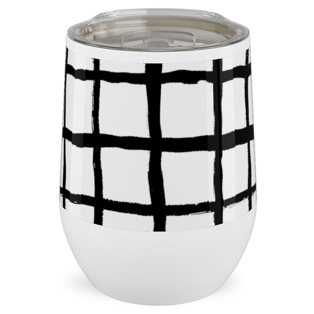 Simple Grid - Classic - Black and White Stainless Steel Travel Tumbler, 12oz, Black