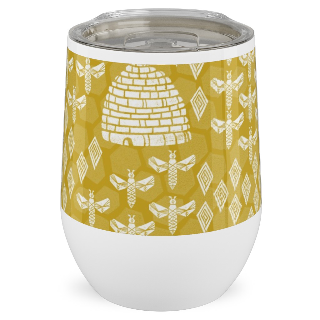 Bee Hives, Spring Florals Linocut Block Printed - Golden Yellow Stainless Steel Travel Tumbler, 12oz, Yellow