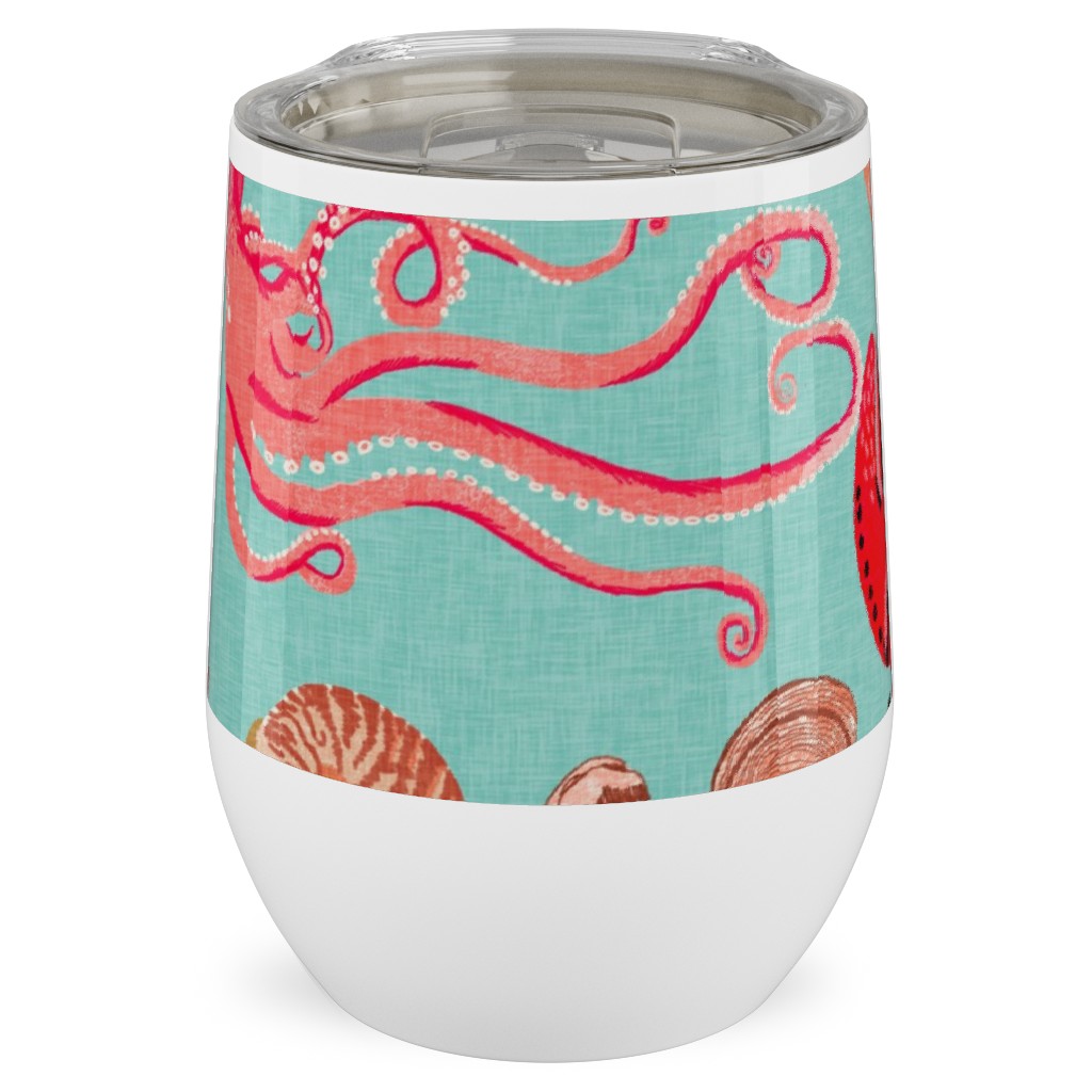 Ocean Creatures - Red on Green Stainless Steel Travel Tumbler, 12oz, Red