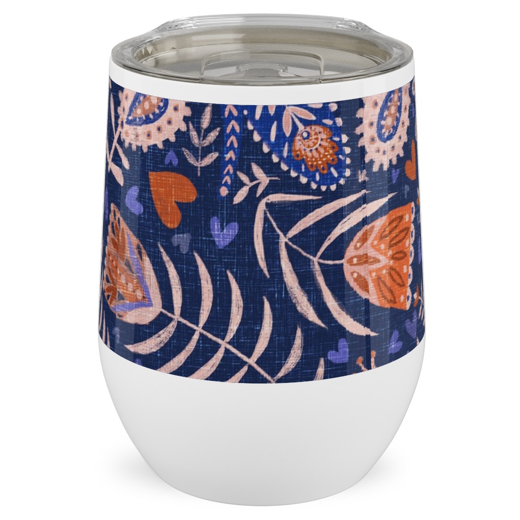 Swedish Folk Art Birds - Blue Stainless Steel Travel Tumbler, 12oz, Blue
