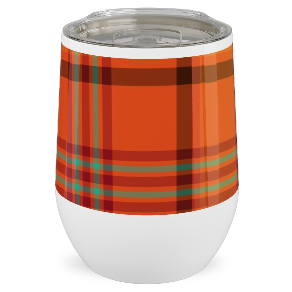 Orange With Black Plaid Stainless Steel Travel Tumbler, 12oz, Orange