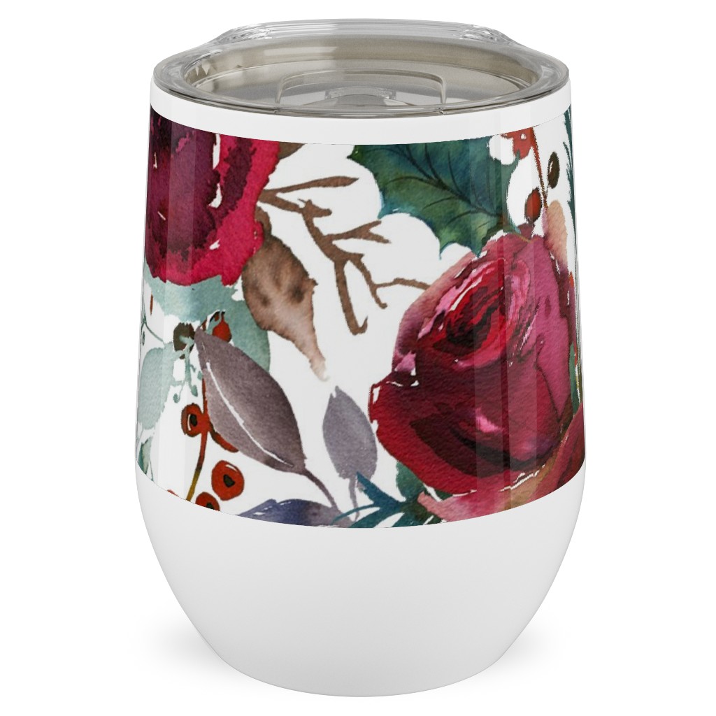 Holiday Florals Red on White Stainless Steel Travel Tumbler, 12oz, Multicolor