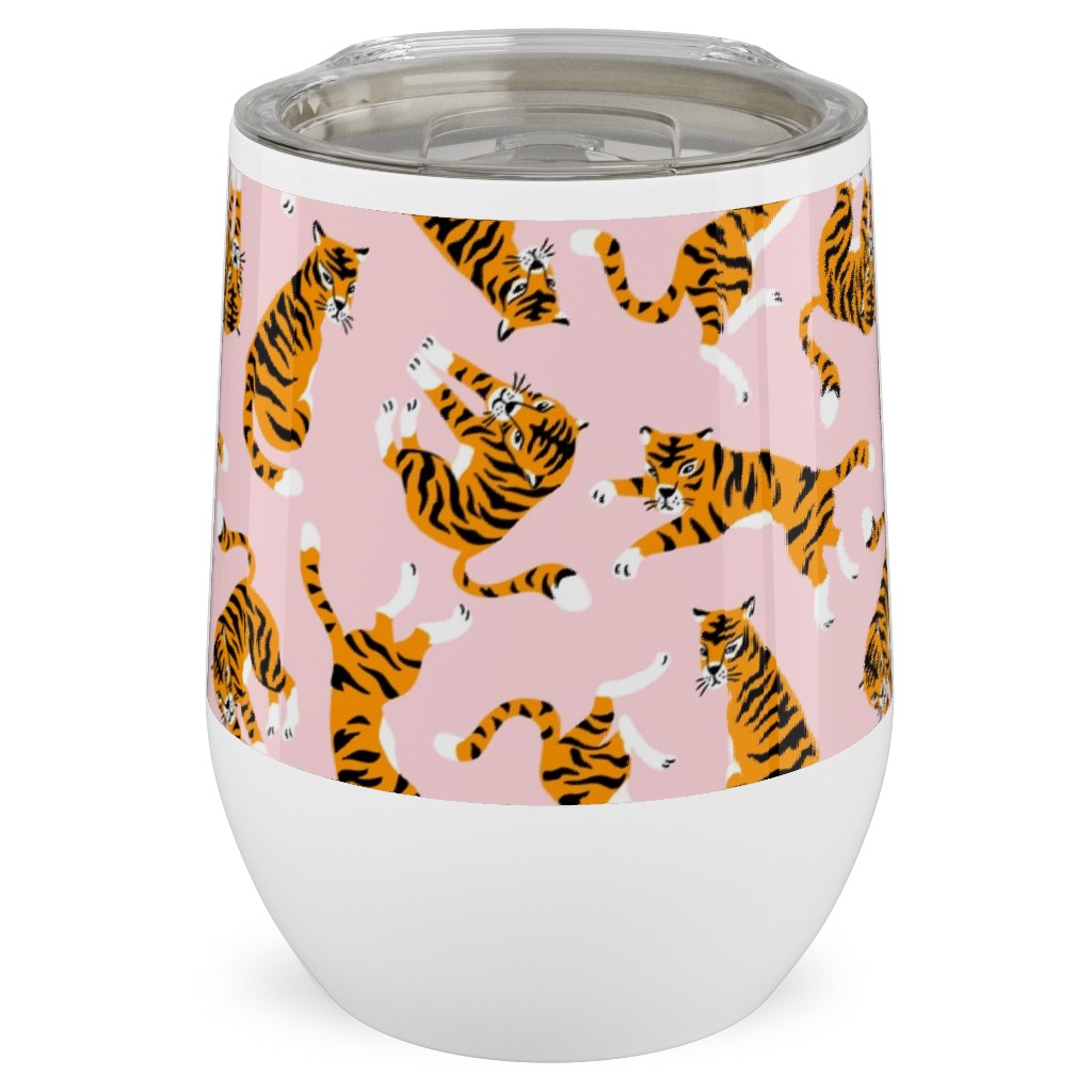 Tigers on Pink Backround Stainless Steel Travel Tumbler, 12oz, Pink, Bright Pink