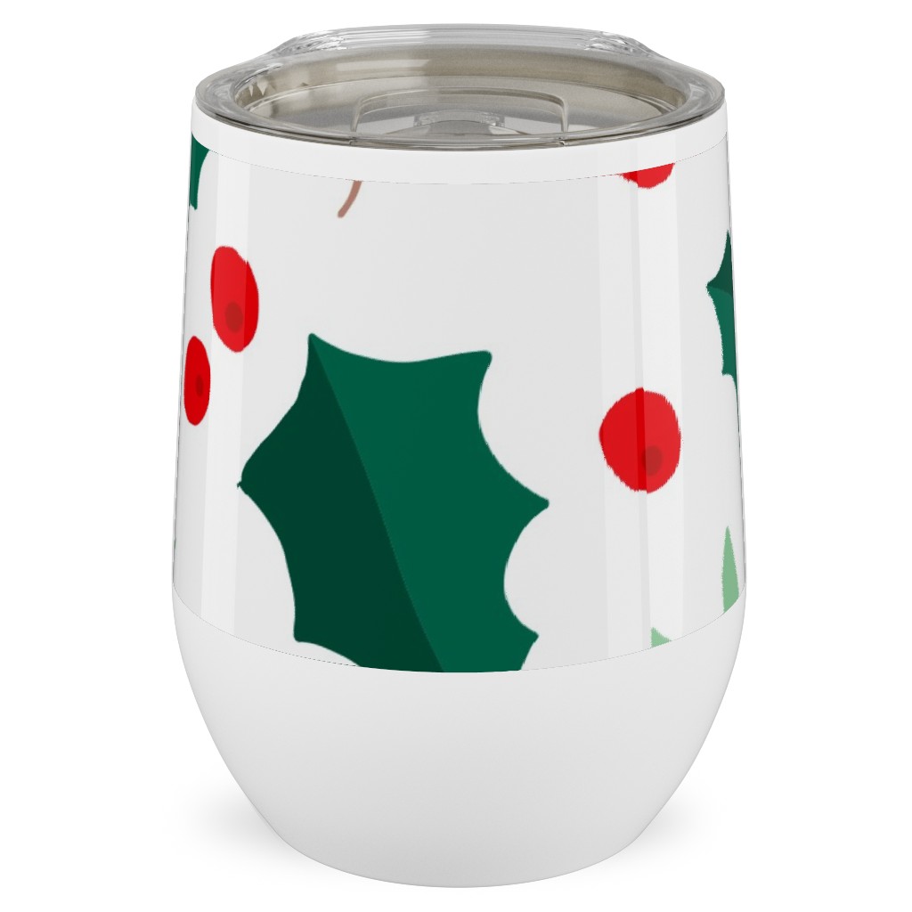 Botanical Christmas Garden Pine Leaves Holly Branch Berries - Green and Red Stainless Steel Travel Tumbler, 12oz, Green