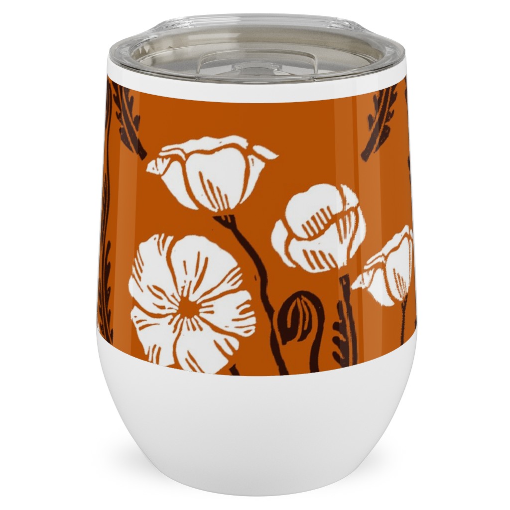 Poppy, Fall Harvest Block Printed Vintage Florals Stainless Steel Travel Tumbler, 12oz, Orange, Orange