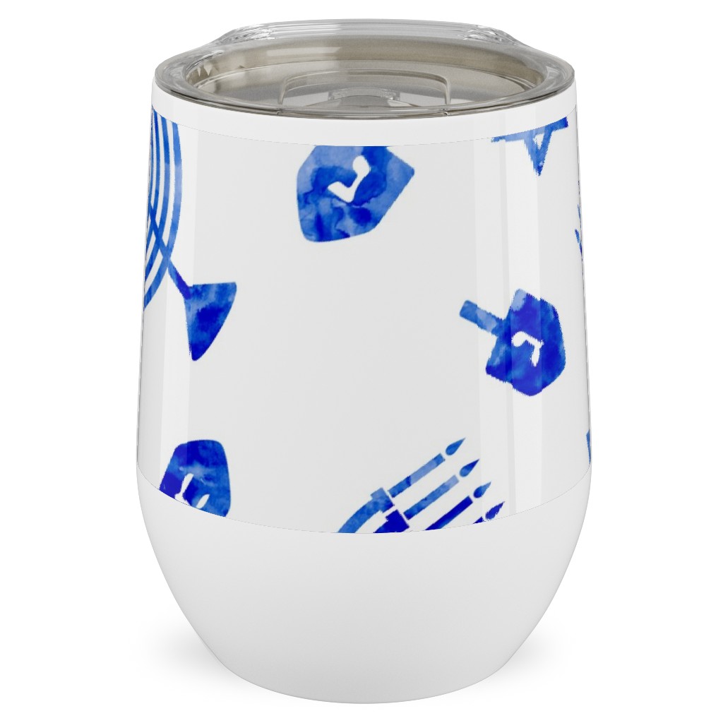 Watercolor Hanukkah Menorah, Dreidel, Star of David - Blue Stainless Steel Travel Tumbler, 12oz, Blue