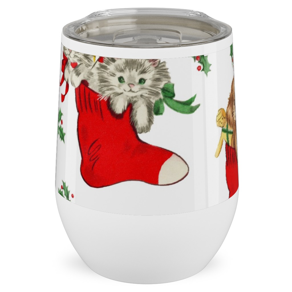 Vintage Christmas Kittens and Puppies Stainless Steel Travel Tumbler, 12oz, Multicolor