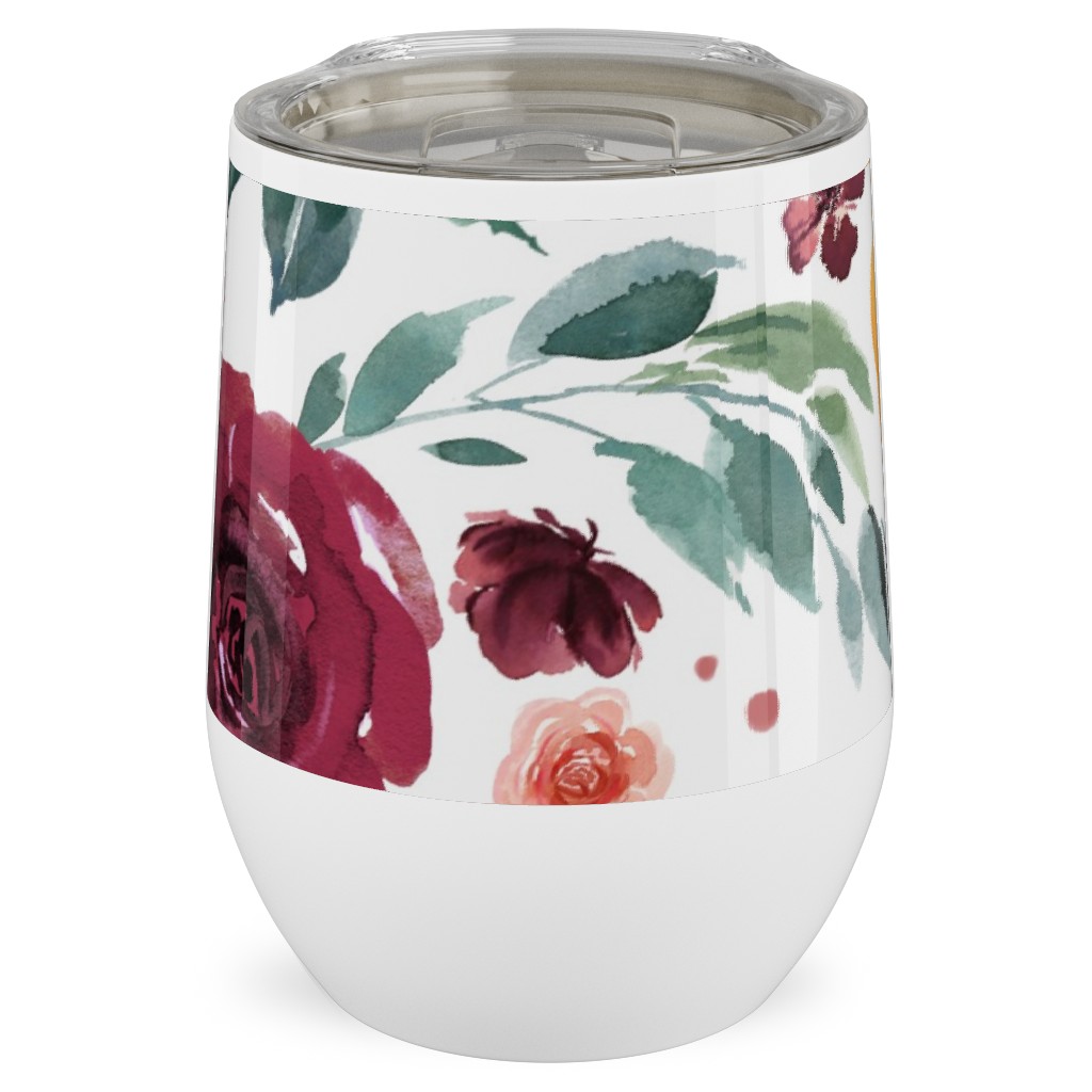 Orange Burgandy Floral Stainless Steel Travel Tumbler, 12oz, Multicolor