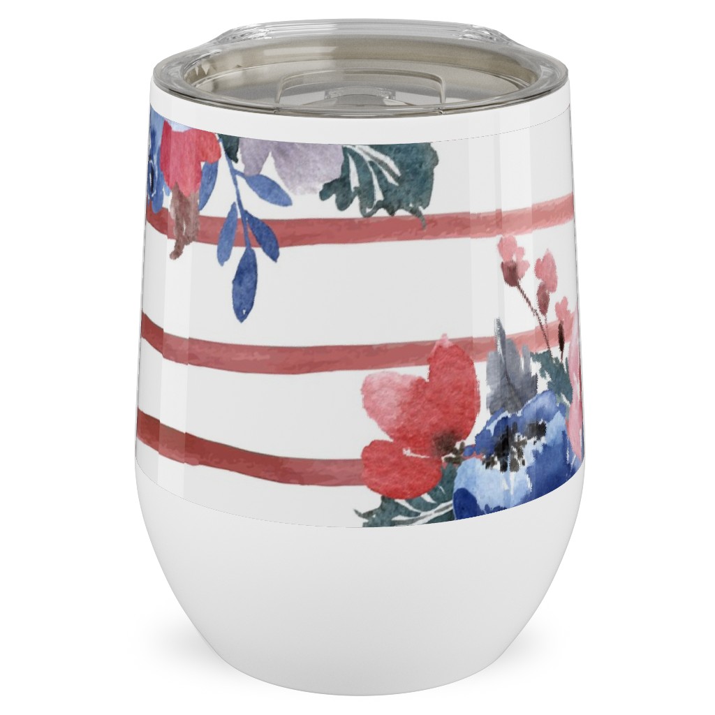 Freedom Florals With Red Stripes - Multi Stainless Steel Travel Tumbler, 12oz, Red