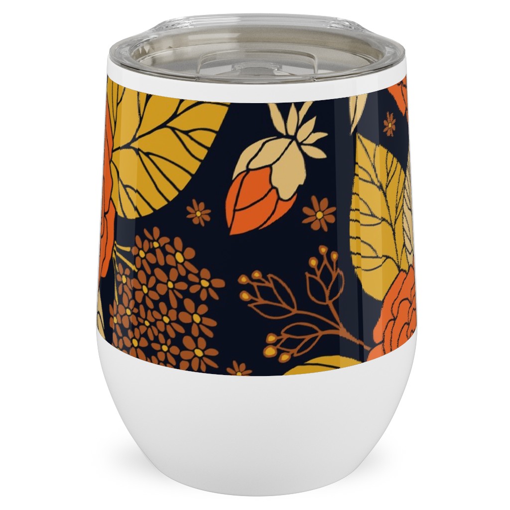 Retro Floral - Orange Brown and Yellow Stainless Steel Travel Tumbler, 12oz, Orange