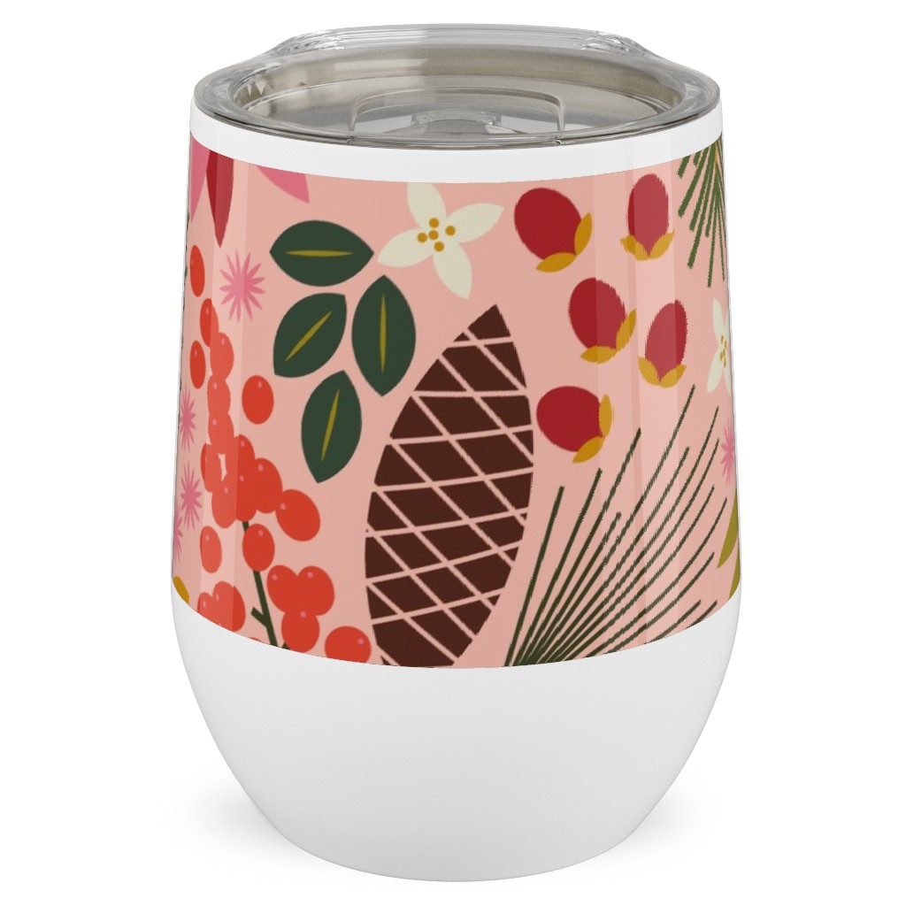 Pinecones and Berries - Pink Stainless Steel Travel Tumbler, 12oz, Pink