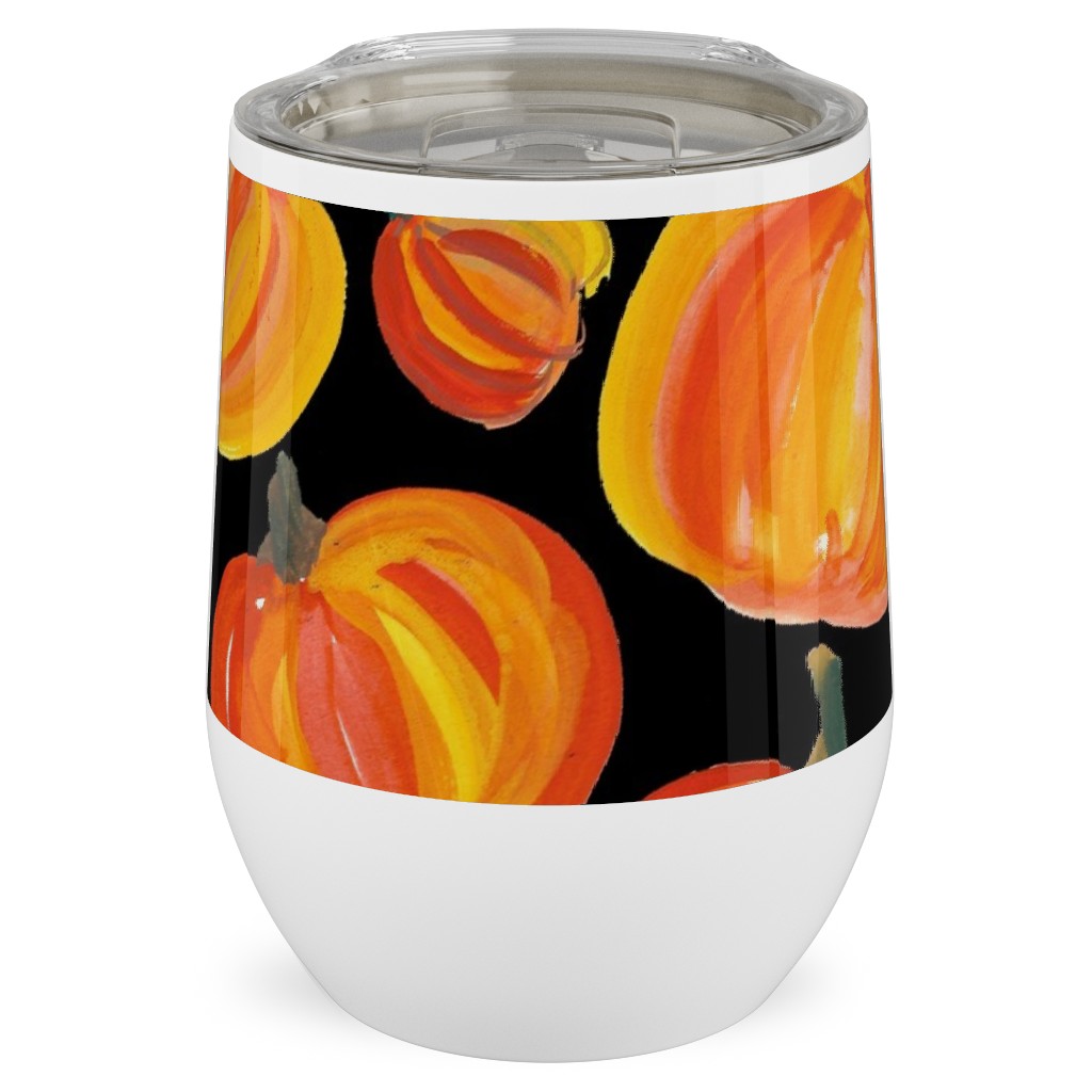 Watercolor Pumpkins - Black Stainless Steel Travel Tumbler, 12oz, Orange