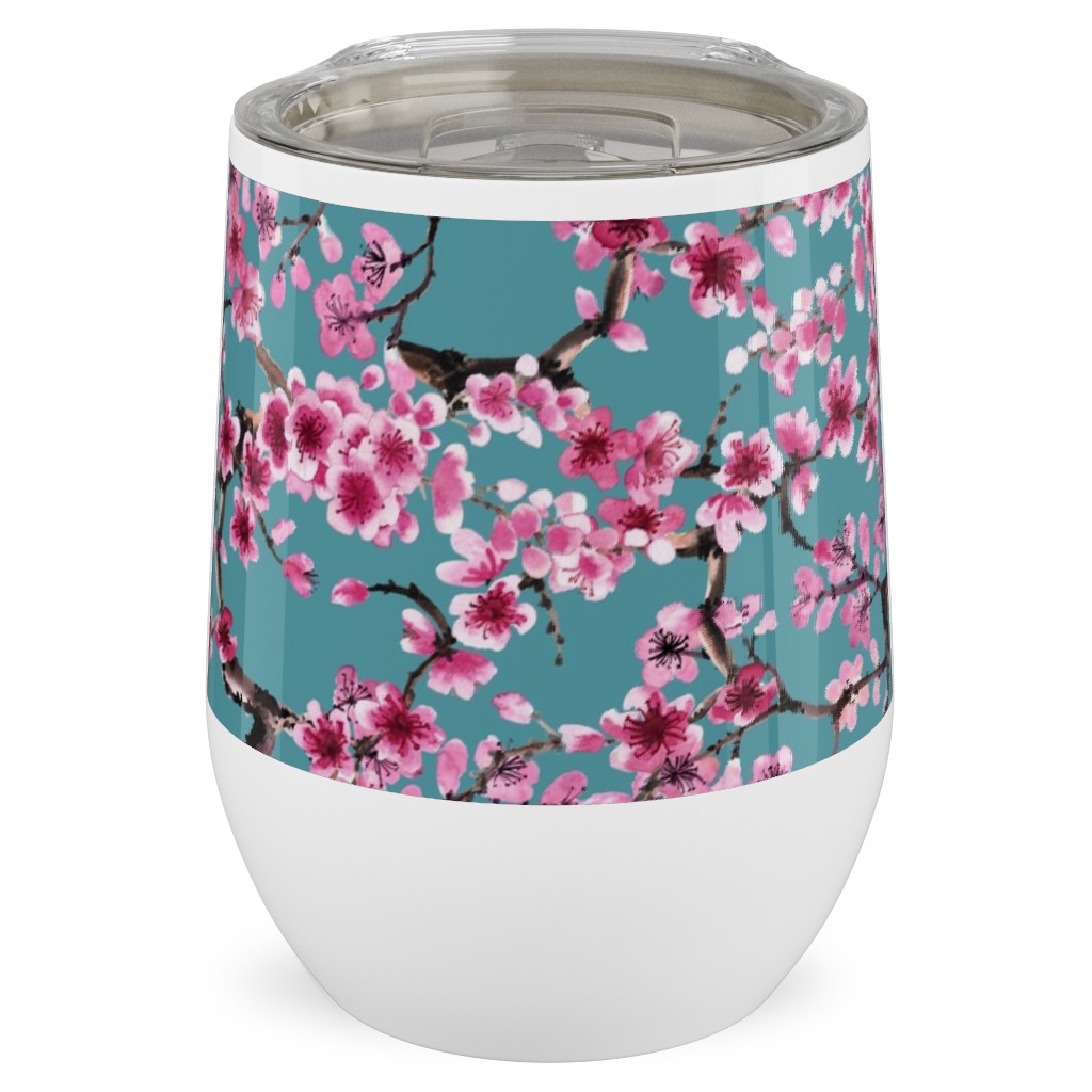 Sakura - Turquoise Stainless Steel Travel Tumbler, 12oz, Blue, True Blue