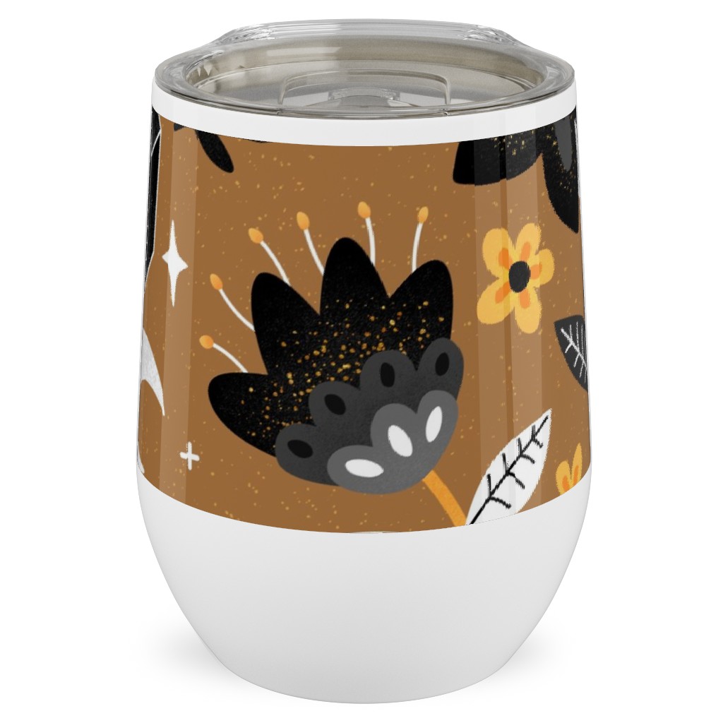 Black Cat & Floral Skull Stainless Steel Travel Tumbler, 12oz, Brown