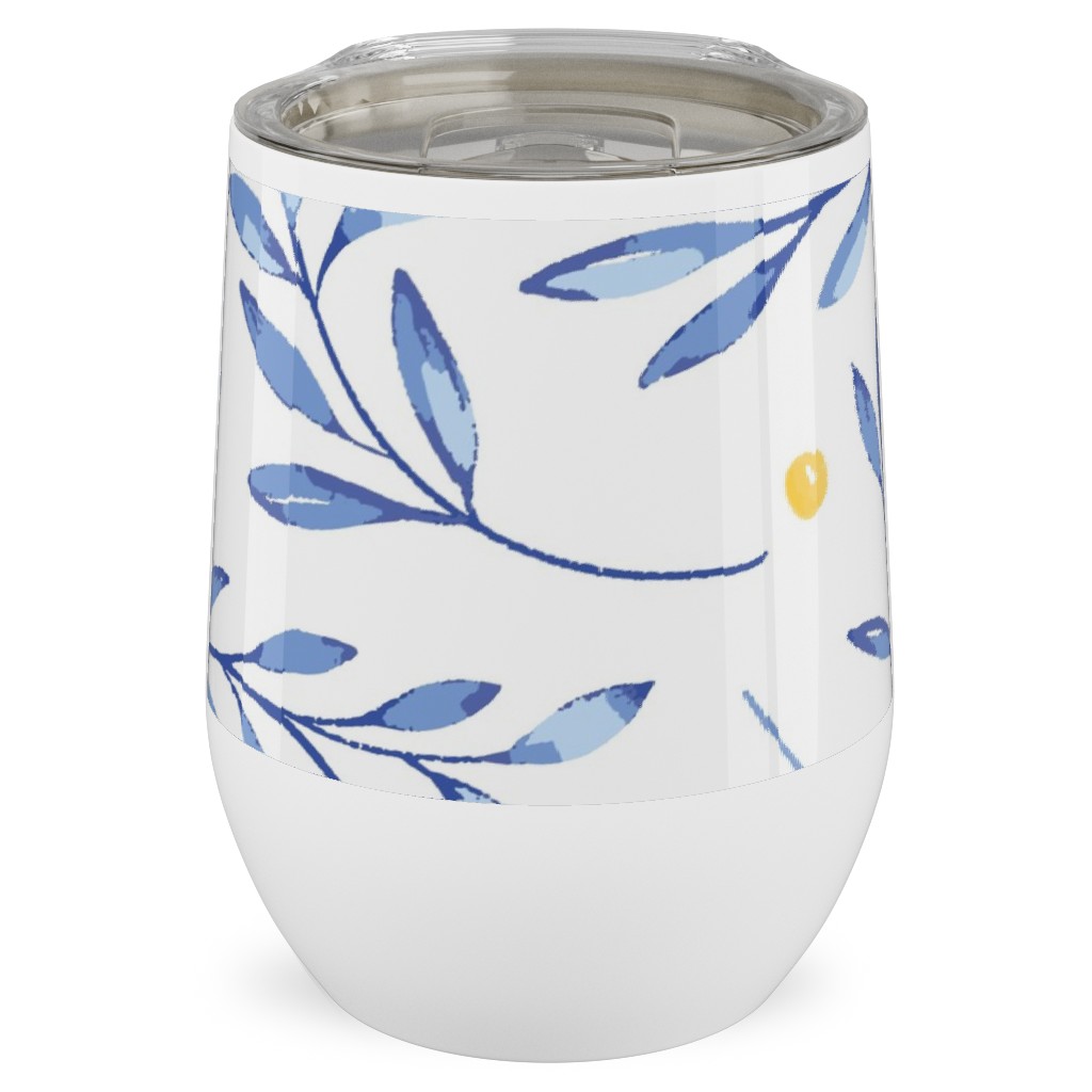 Blue Leaves With Berries Stainless Steel Travel Tumbler, 12oz, Blue, True Blue