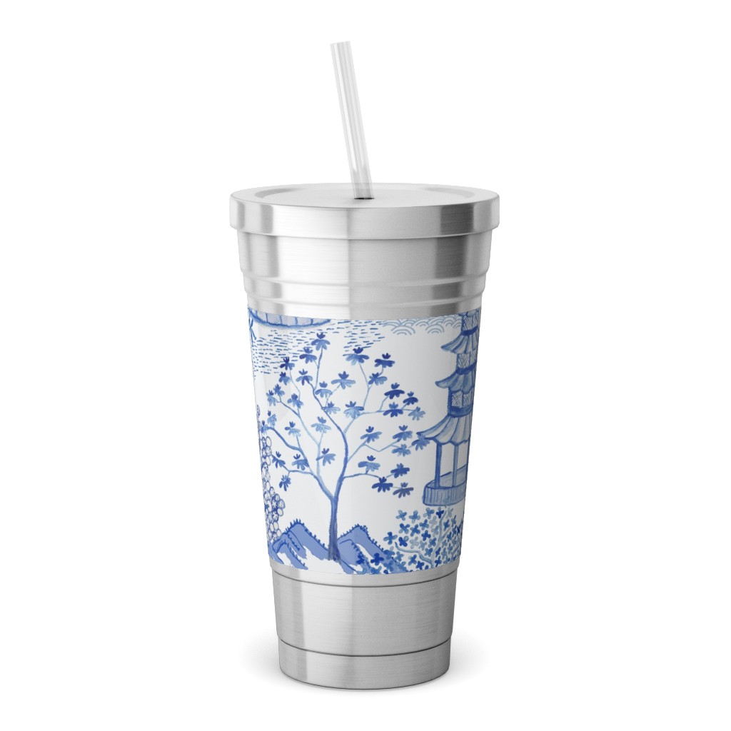 Pagoda Forest - Blue Stainless Tumbler with Straw, 18oz, Blue