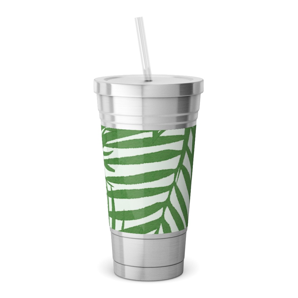 Watercolor Fronds - Green Stainless Tumbler with Straw, 18oz, Green