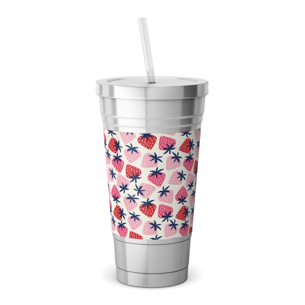 Strawberries - Pink and Red Stainless Tumbler with Straw, 18oz, Pink