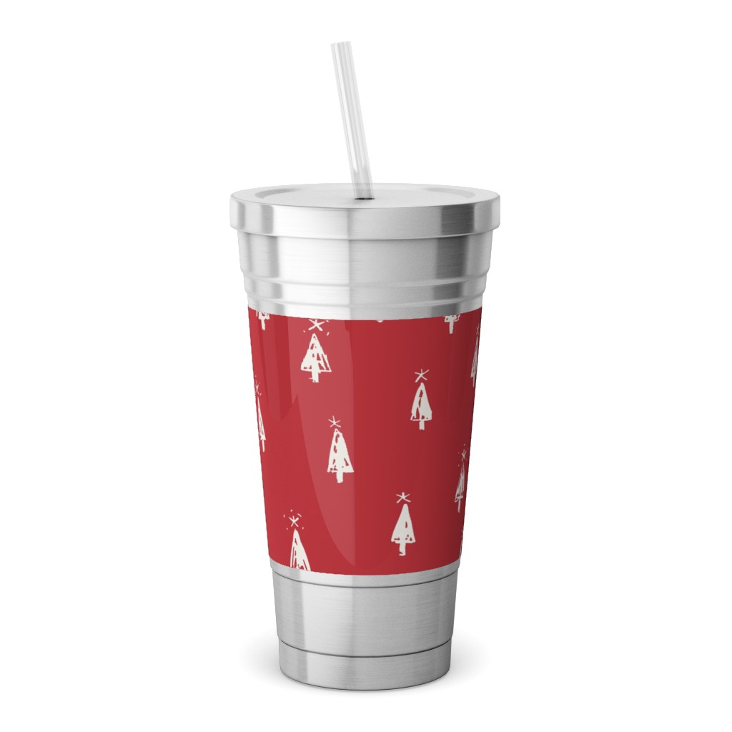 Christmas Trees on Pine Needle Stainless Tumbler with Straw, 18oz, Red