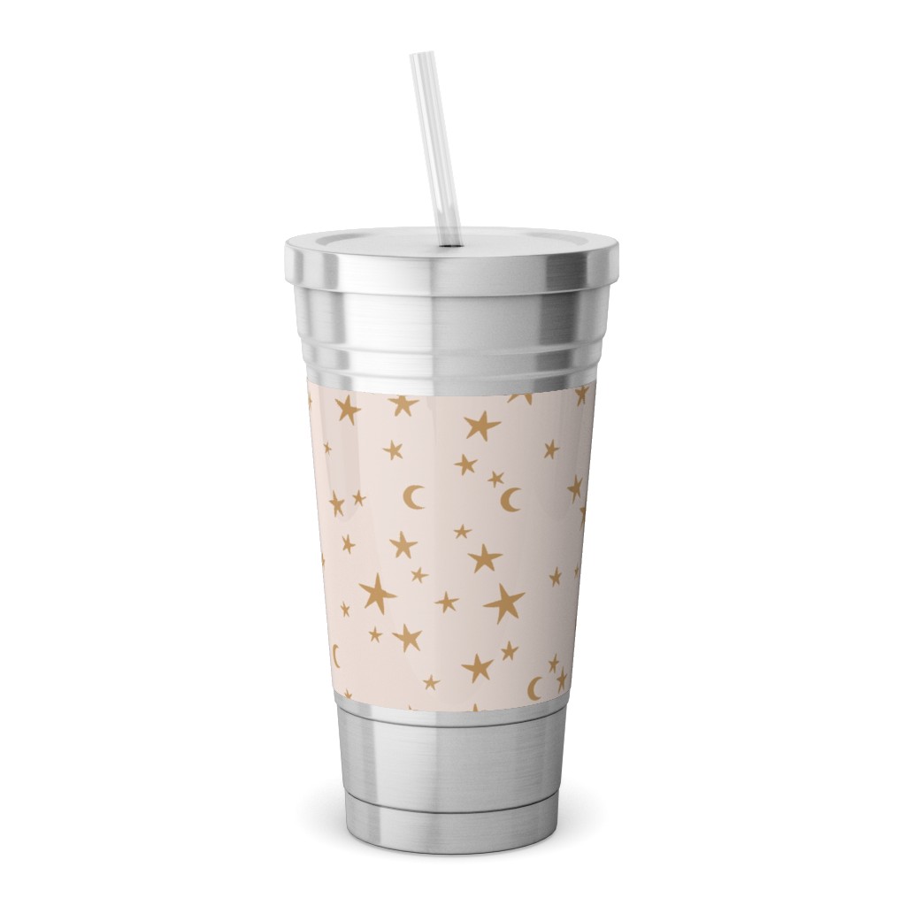 Stars & Moon - Starry Night Universe - Beige and Brown Stainless Tumbler with Straw, 18oz, Pink